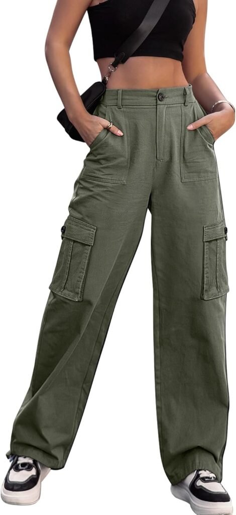 ZMPSIISA Women High Waisted Cargo Pants Wide Leg Casual Pants 6 Pockets Combat Military Trousers